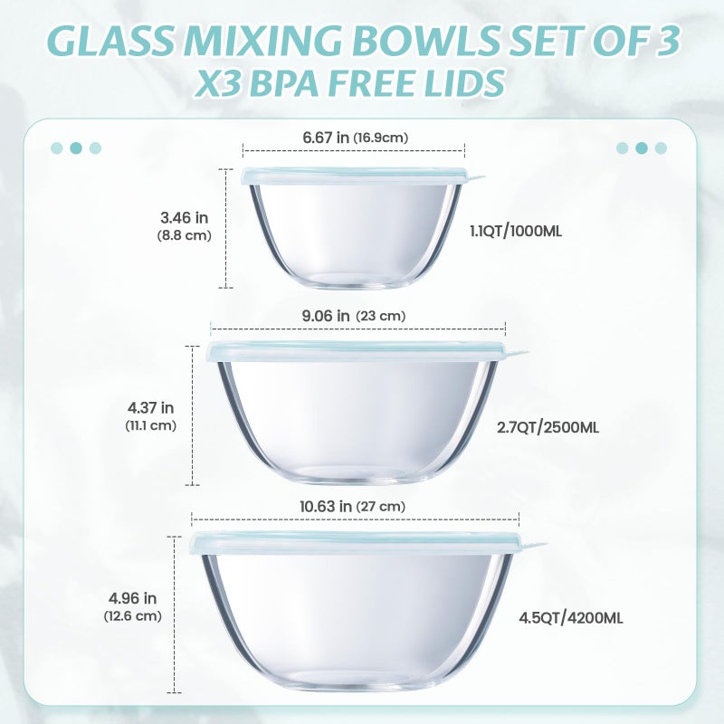 Luvan Glass Mixing Bowls with Lids Set(4.5QT, 2.7QT, 1.1QT)-Large Glass Mixing Bowls, Clear Salad Bowl for Baking, Cooking, Serving, Food Prep, 3PC Nesting Bowls for Kitchen Storage & Dishwasher Safe - Image 2